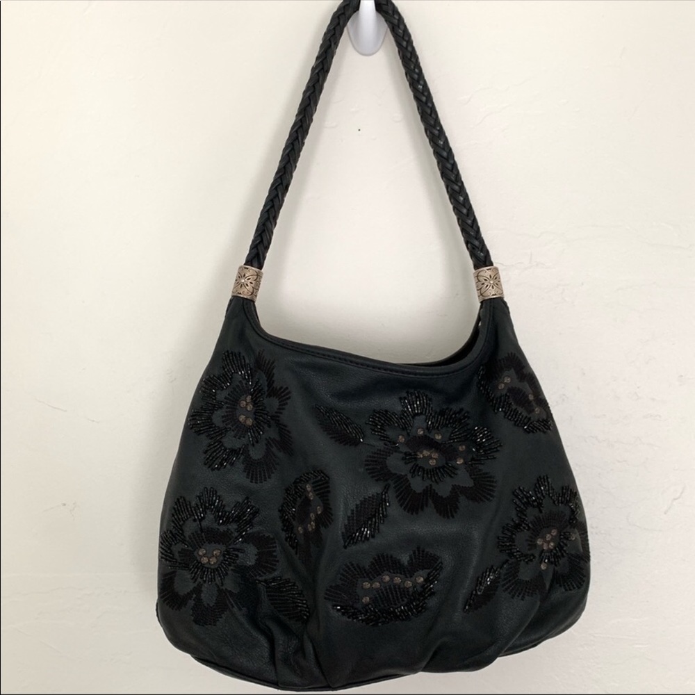 Brighton black leather beaded embroidered bag